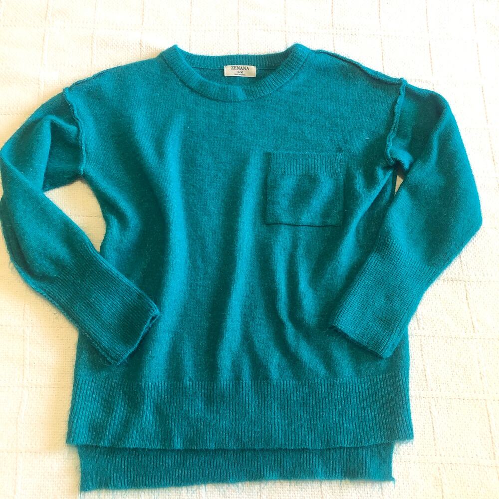 Zenana Teal Fuzzy Knit Sweater S/M Soft Cozy Pullover Pocket‎ Crewneck